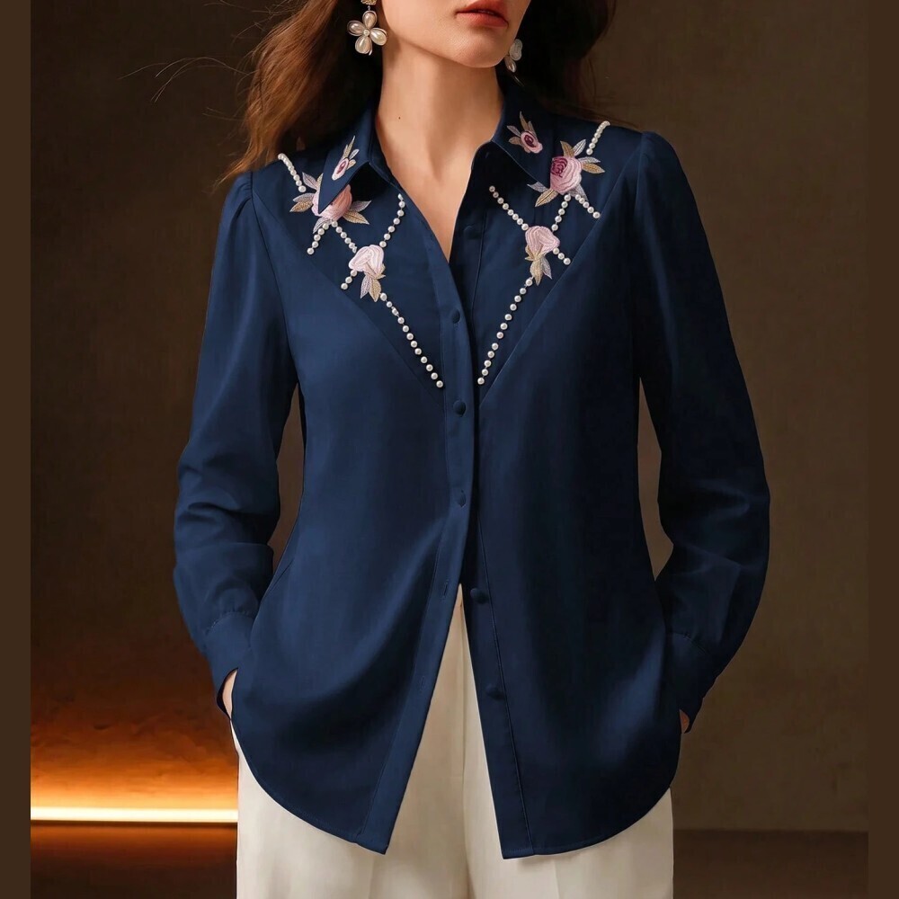 Navy Blue Floral Embroidered Pearl Trim Button Front Shirt Collar